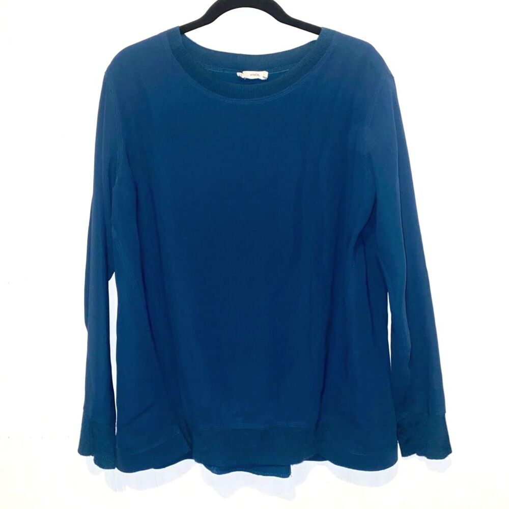 Vince Women’s Deep Teal Crepe Blouse Size Small Inverted Pleat Back & Knit Trim